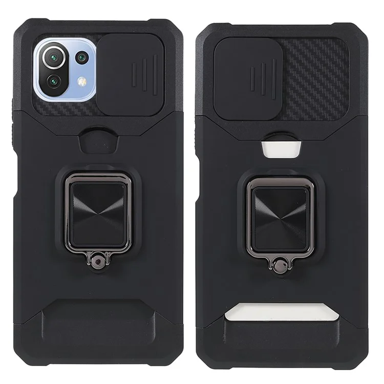 Carcasa de teléfono hibrida de PC + TPU con diseño de ranura para tarjeta, soporte y protección para cámara deslizante para Xiaomi Mi 11 Lite 4G/5G/11 Lite 5G NE - Negro