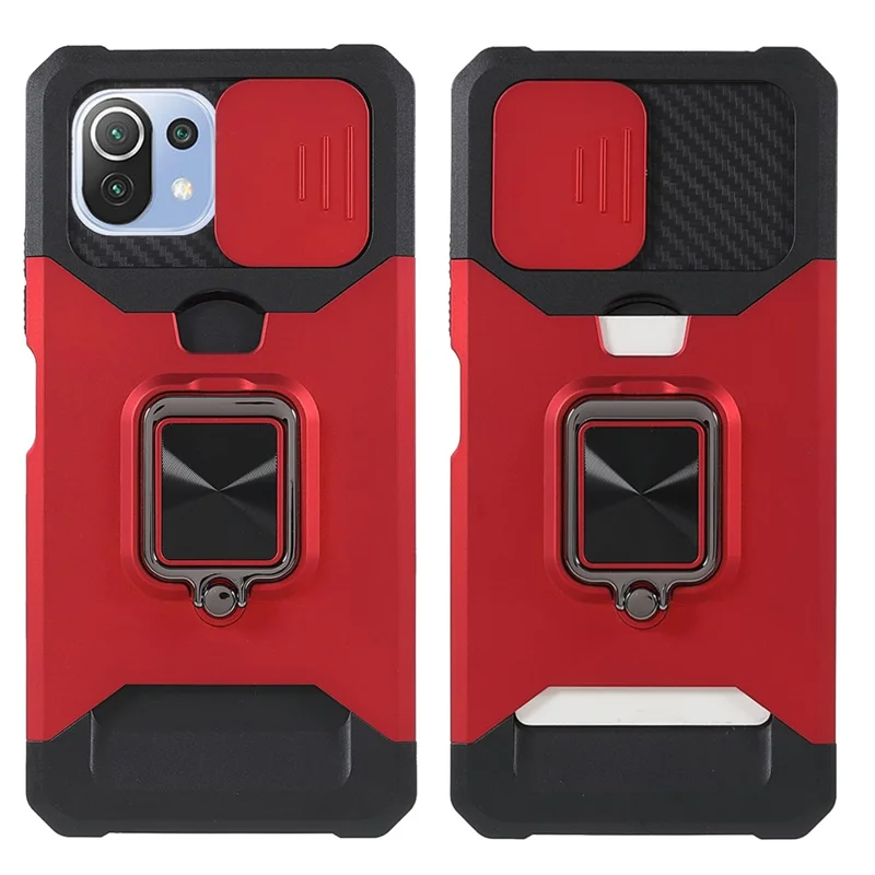 Camera Slider Protector Card Slot Design PC + TPU Hybrid Phone Case Shell with Kickstand for Xiaomi Mi 11 Lite 4G/5G/11 Lite 5G NE - Red