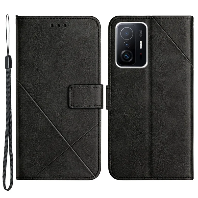 Cross Stripe Design Leather Solid Color Magnetic Clasp Wallet Stand Phone Shell Case for Xiaomi 11T / 11T Pro - Black
