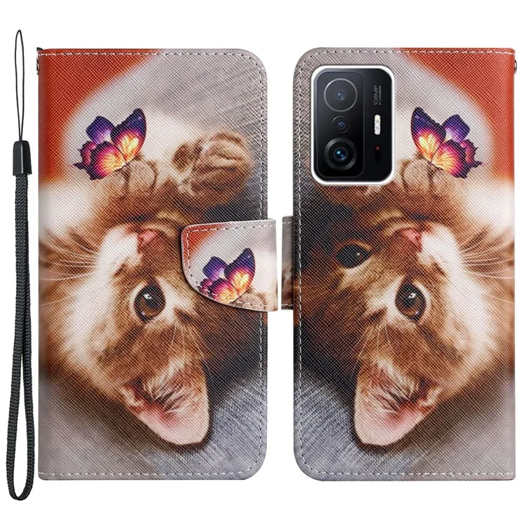 Pattern Printing Leather Protection Phone Case Wallet Stand Cover with Lanyard for Xiaomi 11T / 11T Pro - Butterfly and Cat