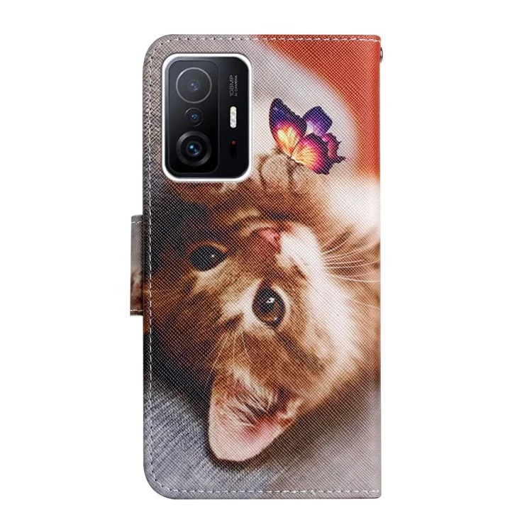 Pattern Printing Leather Protection Phone Case Wallet Stand Cover with Lanyard for Xiaomi 11T / 11T Pro - Butterfly and Cat