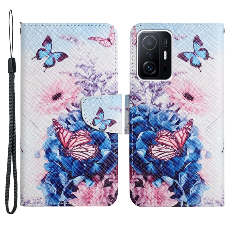 Pattern Printing Leather Protection Phone Case Wallet Stand Cover with Lanyard for Xiaomi 11T / 11T Pro - Purple Butterfly