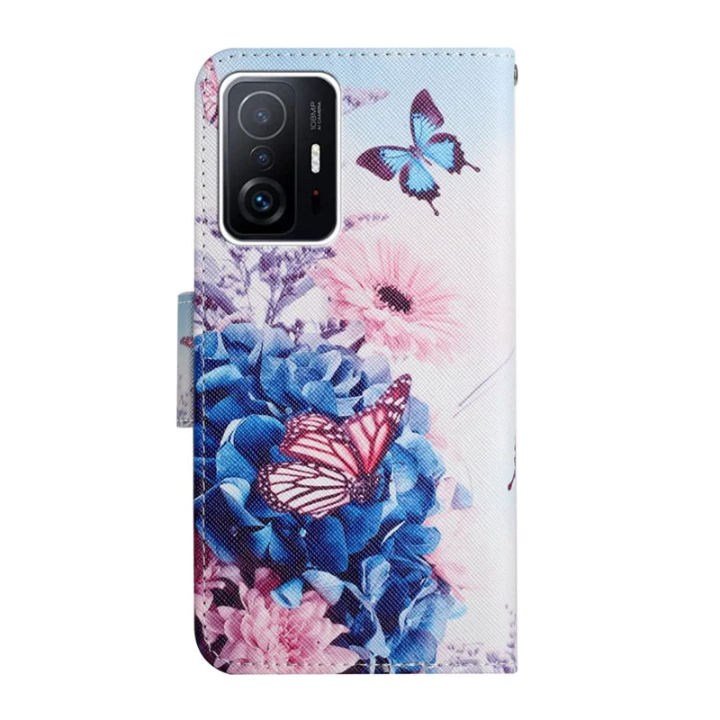 Pattern Printing Leather Protection Phone Case Wallet Stand Cover with Lanyard for Xiaomi 11T / 11T Pro - Purple Butterfly