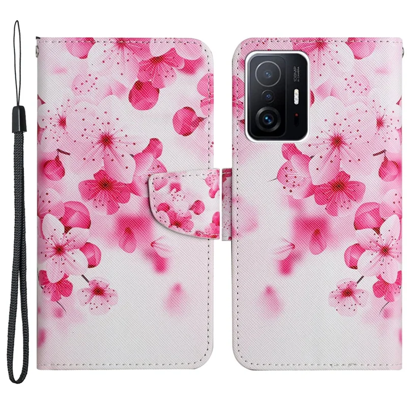 Pattern Printing Leather Protection Phone Case Wallet Stand Cover with Lanyard for Xiaomi 11T / 11T Pro - Red Flower