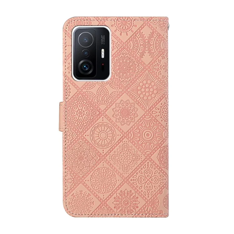 Estilo étnico Impreso Flower Magnético Cierre De Cartera Protectora Soporte Caja De Cuero Cáscara Con Correa De Muñeca Para Xiaomi 11T / 11T PRO - Rosado
