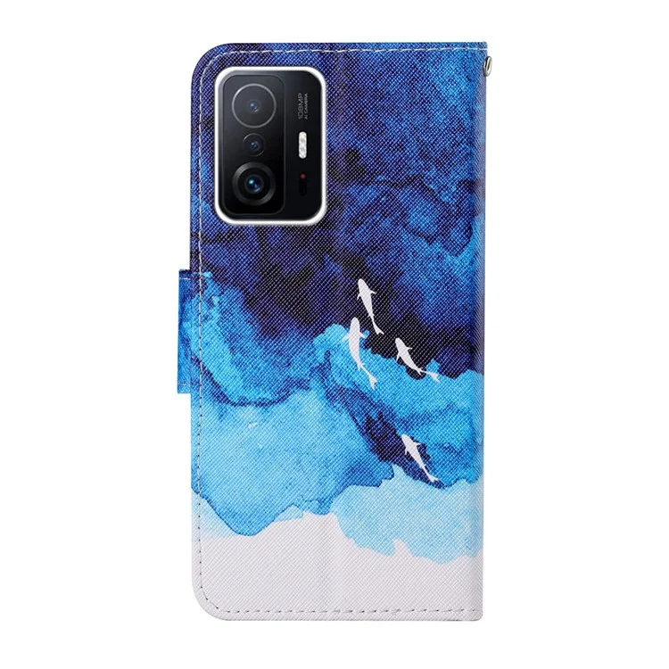 Pattern Printing Stand Wallet Design Protective Leather Case Phone Cover with Lanyard for Xiaomi 11T/11T Pro - Watercolor Fish