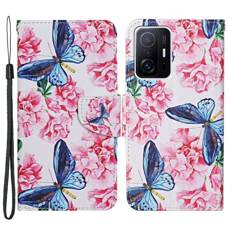 Stampa Modello PU Coperchio Parlaschetto Portafoglio Per Telefono in Pelle PU Con Cinturino da Polso Per Xiaomi 11T/11T Pro - Dragonfly/Flowers