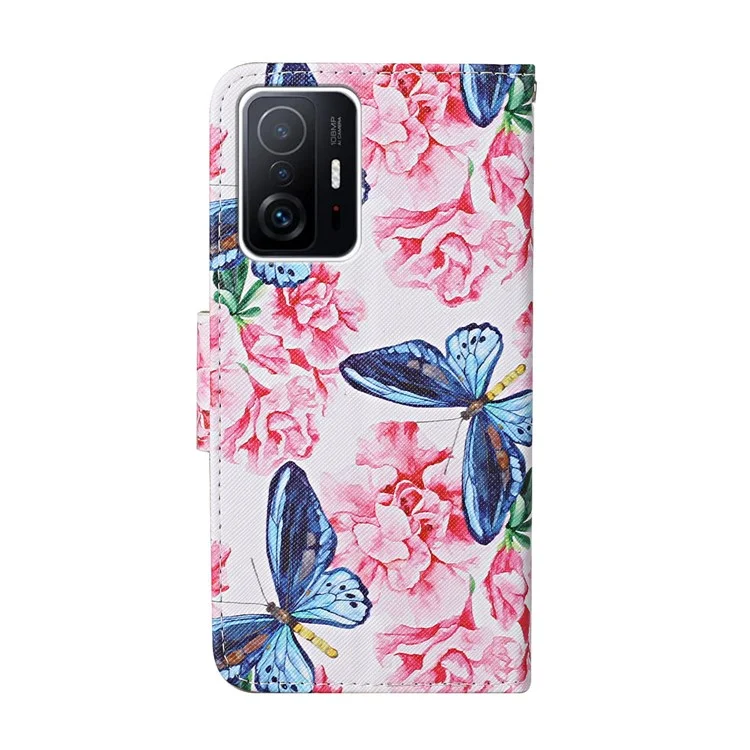 Pattern Printing PU Leather Phone Stand Wallet Case Protective Cover with Wrist Strap for Xiaomi 11T/11T Pro - Dragonfly/Flowers