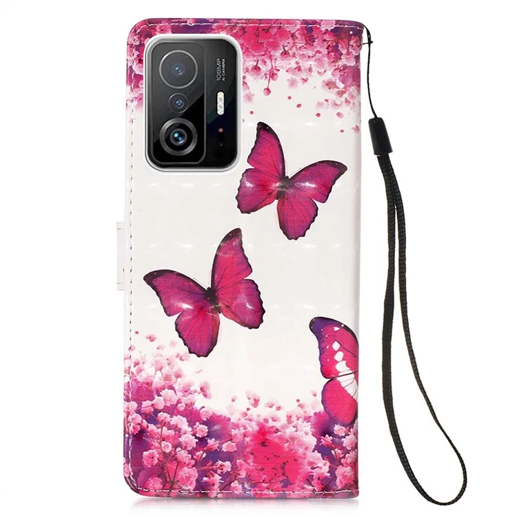 3D Pattern Printing Card Slots Shockproof Leather Case Wallet Stand Cover with Wrist Strap for Xiaomi 11T/11T Pro - Rose Red Butterfly