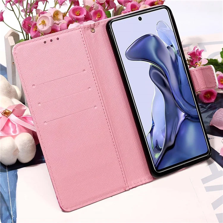 3D Pattern Printing Card Slots Shockproof Leather Case Wallet Stand Cover with Wrist Strap for Xiaomi 11T/11T Pro - Rose Red Butterfly