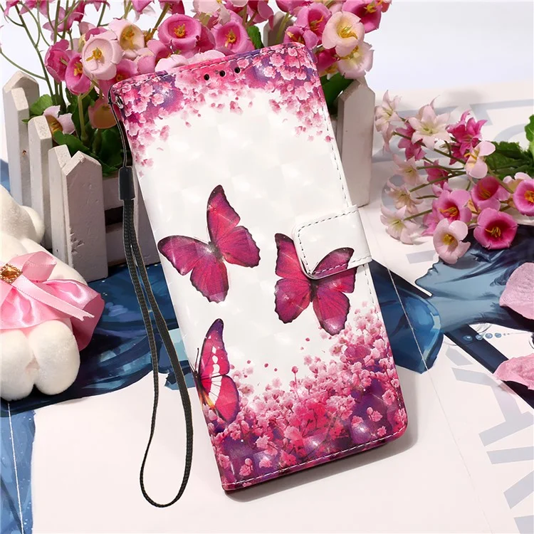 3D Pattern Printing Card Slots Shockproof Leather Case Wallet Stand Cover with Wrist Strap for Xiaomi 11T/11T Pro - Rose Red Butterfly