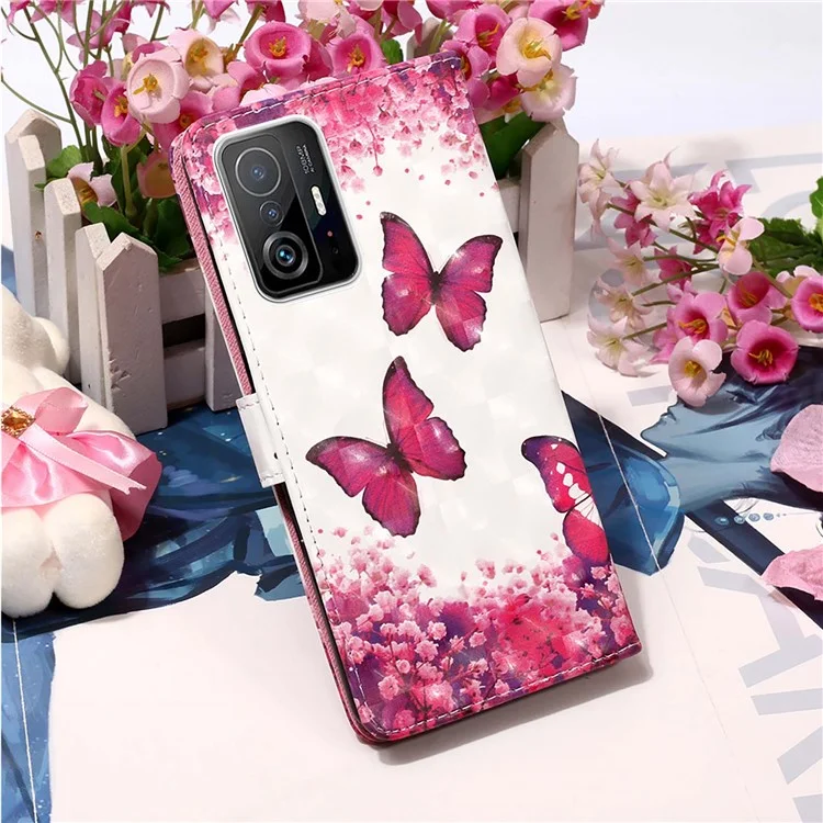 3D Pattern Printing Card Slots Shockproof Leather Case Wallet Stand Cover with Wrist Strap for Xiaomi 11T/11T Pro - Rose Red Butterfly