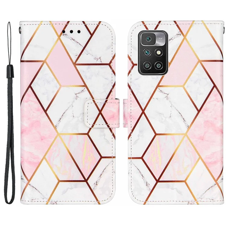 Marble Pattern Splicing Leather Case Wallet Stand Phone Cover Shell for Xiaomi Redmi Note 11 4G (MediaTek)/10 4G (2021)/10 2022 4G/10 Prime - Pink/White