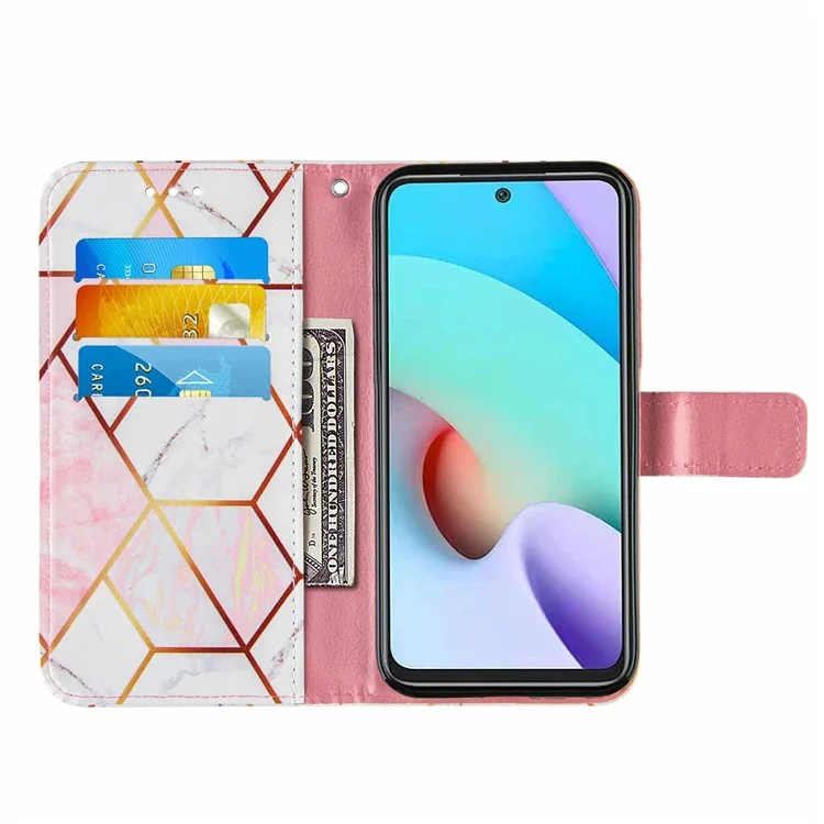 Marble Pattern Splicing Leather Case Wallet Stand Phone Cover Shell for Xiaomi Redmi Note 11 4G (MediaTek)/10 4G (2021)/10 2022 4G/10 Prime - Pink/White