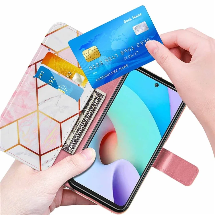 Marble Pattern Splicing Leather Case Wallet Stand Phone Cover Shell for Xiaomi Redmi Note 11 4G (MediaTek)/10 4G (2021)/10 2022 4G/10 Prime - Pink/White