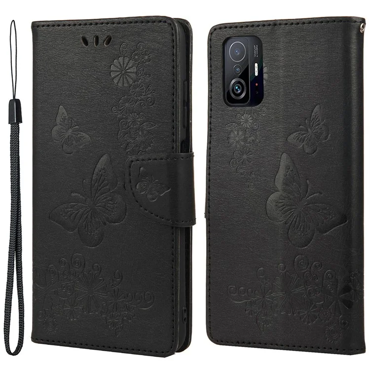 Imprinted Butterflies Flower Leather Wallet Stand Mobile Phone Case Shell Protector for Xiaomi 11T/11T Pro - Black