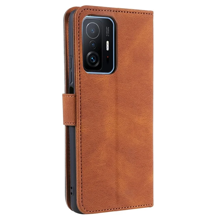 Splicing Stitching Skin-touch PU Leather and TPU Stand Wallet Phone Case Protective Cover for Xiaomi 11T/11T Pro - Brown