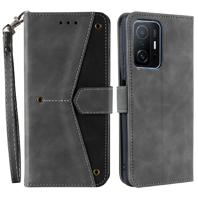 Spleißen Nähen Leder-Touch-Haut und TPU Stand-Brieftasche Smartphone-Hülle Schutzhülle für Xiaomi 11T/11T Pro - Grau 
