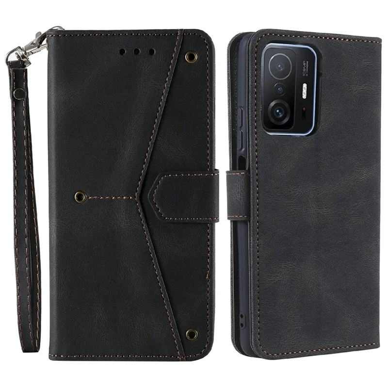 Splicing Stitching Skin-touch PU Leather and TPU Stand Wallet Phone Case Protective Cover for Xiaomi 11T/11T Pro - Black