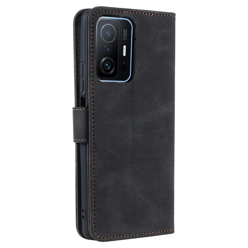 Splicing Stitching Skin-touch PU Leather and TPU Stand Wallet Phone Case Protective Cover for Xiaomi 11T/11T Pro - Black