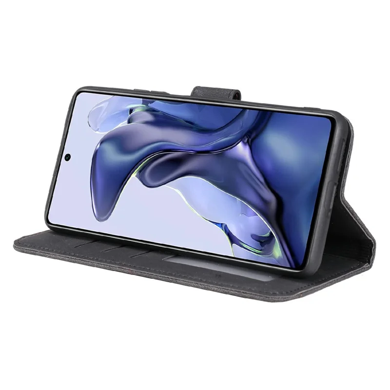 Splicing Stitching Skin-touch PU Leather and TPU Stand Wallet Phone Case Protective Cover for Xiaomi 11T/11T Pro - Black