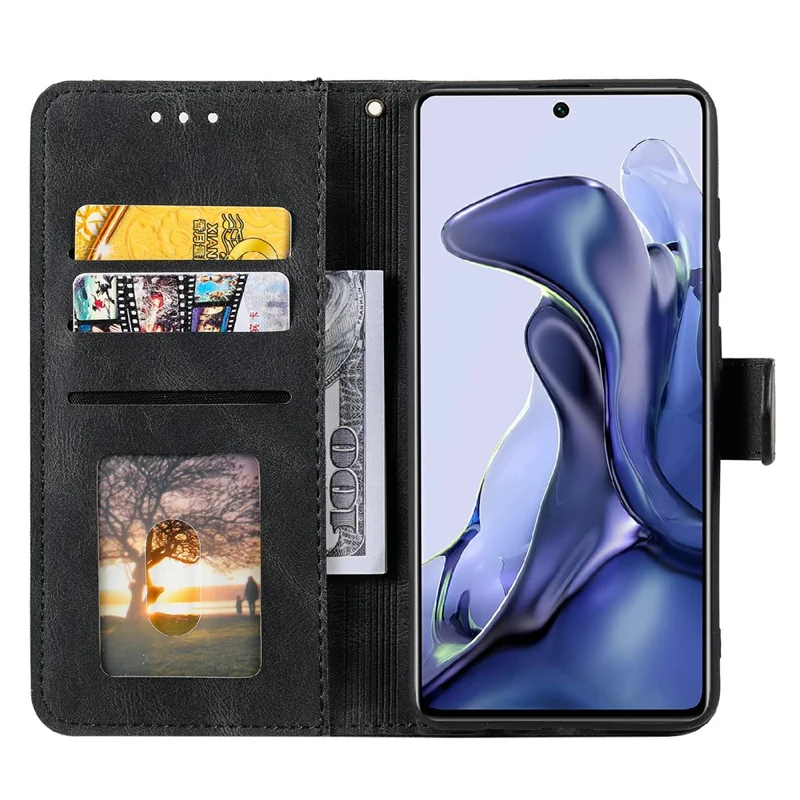Splicing Stitching Skin-touch PU Leather and TPU Stand Wallet Phone Case Protective Cover for Xiaomi 11T/11T Pro - Black