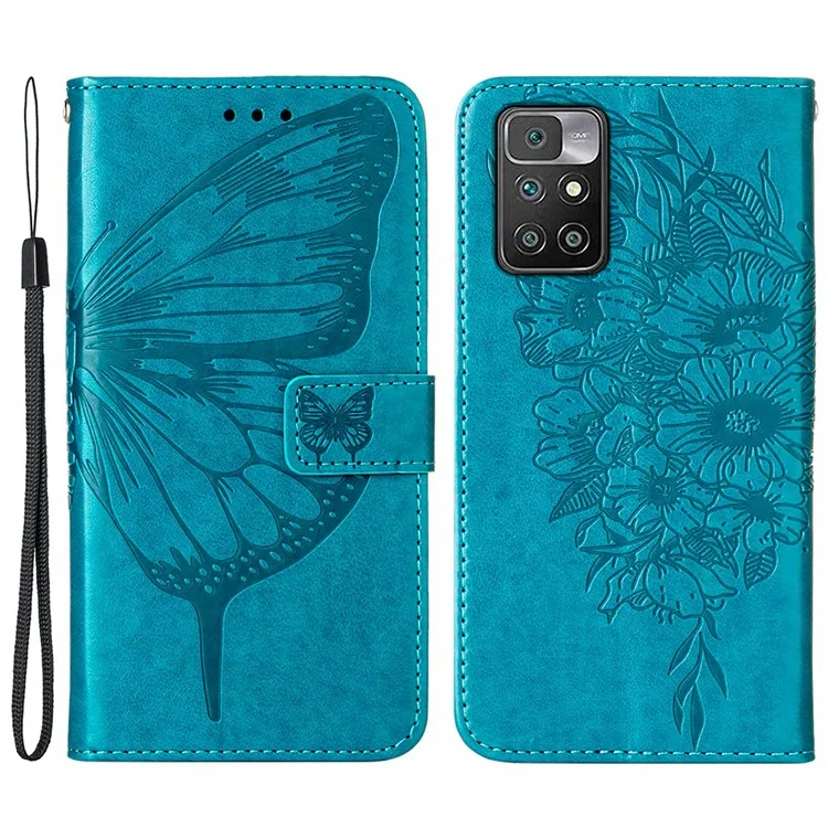 Étui de Téléphone en Cuir de Motif de Fleur D'empreinte à L'épreuve de Choc Butterfly Avec Bracele - Bleu