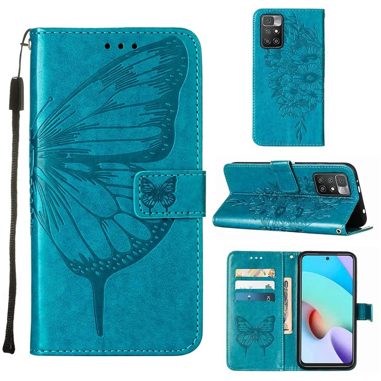 Custodia portafoglio in pelle con motivo farfalla e fiori, a prova di shock, con tracolla per Xiaomi Redmi Note 11 4G (MediaTek)/10 4G (2021)/10 2022 4G/10 Prime - Blu