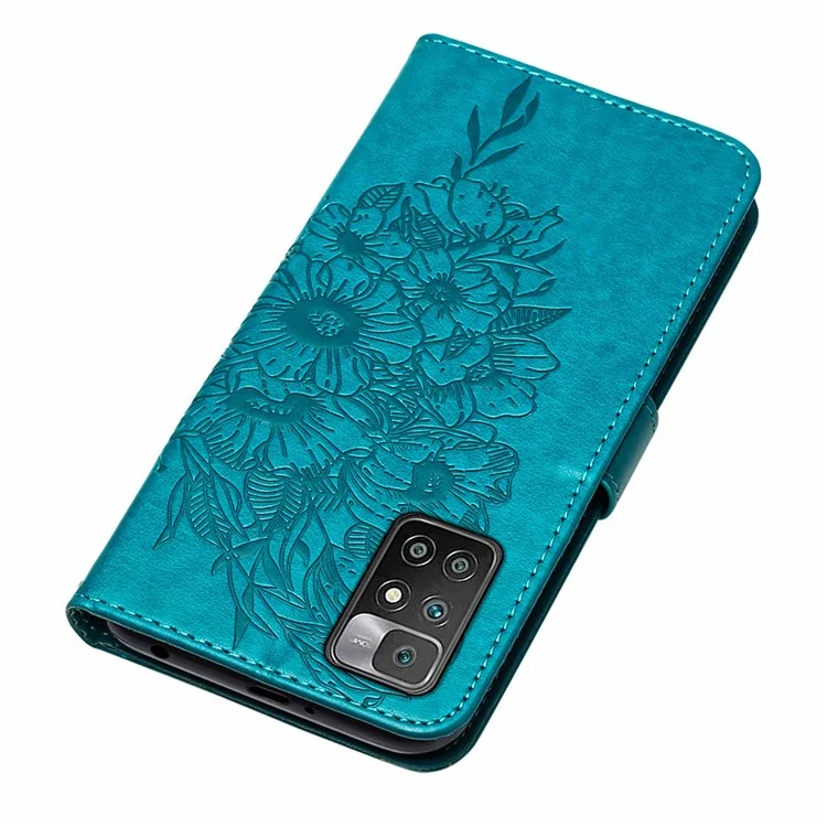 Custodia portafoglio in pelle con motivo farfalla e fiori, a prova di shock, con tracolla per Xiaomi Redmi Note 11 4G (MediaTek)/10 4G (2021)/10 2022 4G/10 Prime - Blu