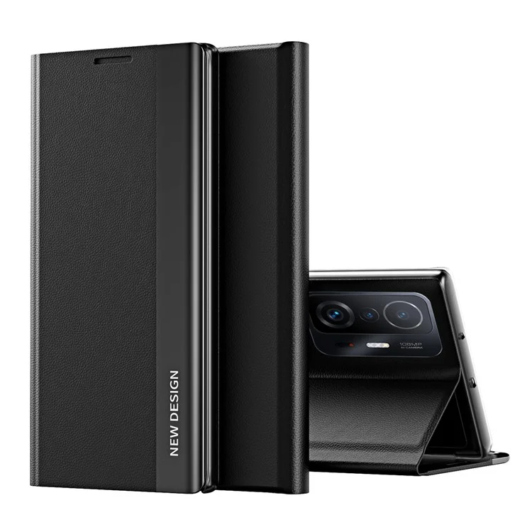 Coque de téléphone en cuir à rabat à absorption automatique électroplaqué pour Xiaomi 11T / 11T Pro - Noir