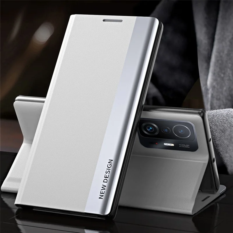Auto Absorption Folio Flip Electroplated Leather Stand Phone Case Shell for Xiaomi 11T / 11T Pro - White
