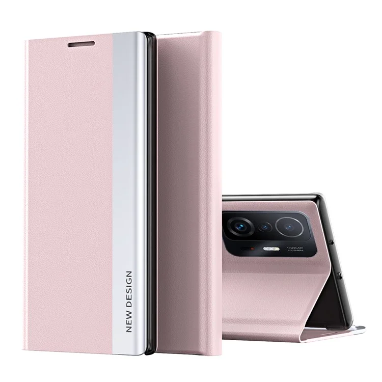 Auto Absorption Folio Flip Electroplated Leather Stand Phone Case Shell for Xiaomi 11T / 11T Pro - Pink