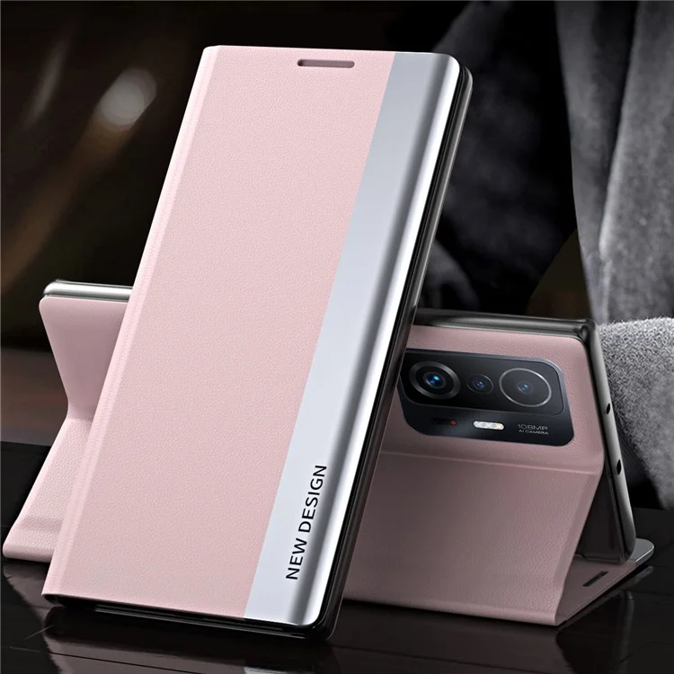 Auto Absorption Folio Flip Electroplated Leather Stand Phone Case Shell for Xiaomi 11T / 11T Pro - Pink