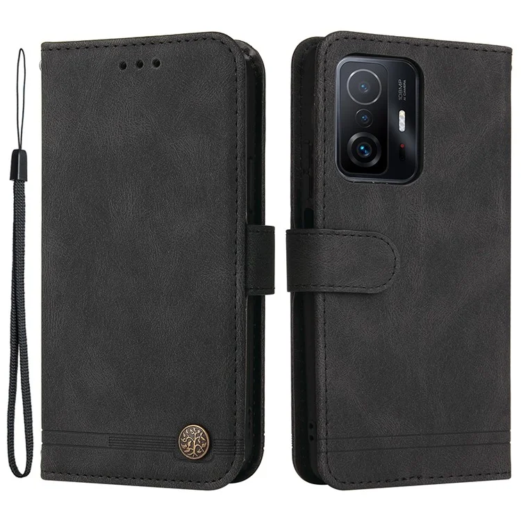 For Xiaomi 11T/11T Pro PU Leather Wallet Stand Cover Phone Case with Tree Pattern Metal Button Decor - Black