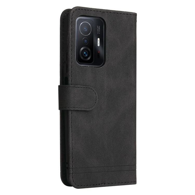 For Xiaomi 11T/11T Pro PU Leather Wallet Stand Cover Phone Case with Tree Pattern Metal Button Decor - Black