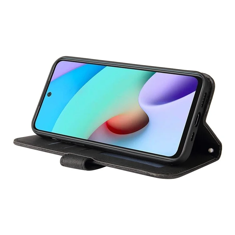 Anti-drop PU Leather Willet Soport Funbre de Tapa Con el Patrón de Árbol Decoración Del Botón de Metal Para Xiaomi Redmi Note 11 4G (MediaTek)/10 4G (2021)/10 2022 4G/10 Prime - Negro