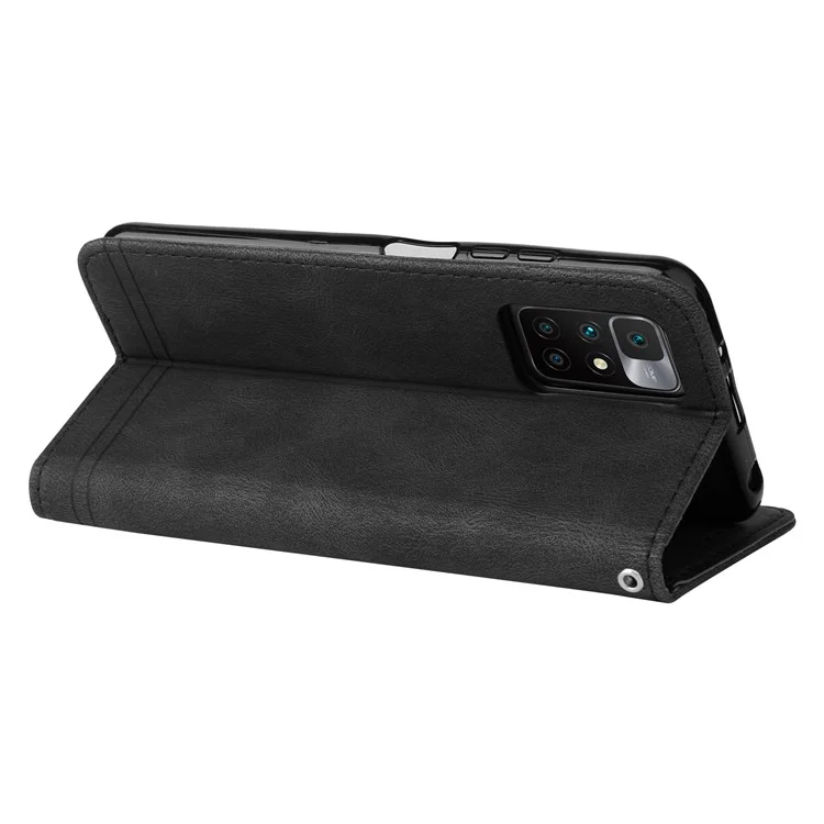Anti-drop PU Leather Willet Soport Funbre de Tapa Con el Patrón de Árbol Decoración Del Botón de Metal Para Xiaomi Redmi Note 11 4G (MediaTek)/10 4G (2021)/10 2022 4G/10 Prime - Negro