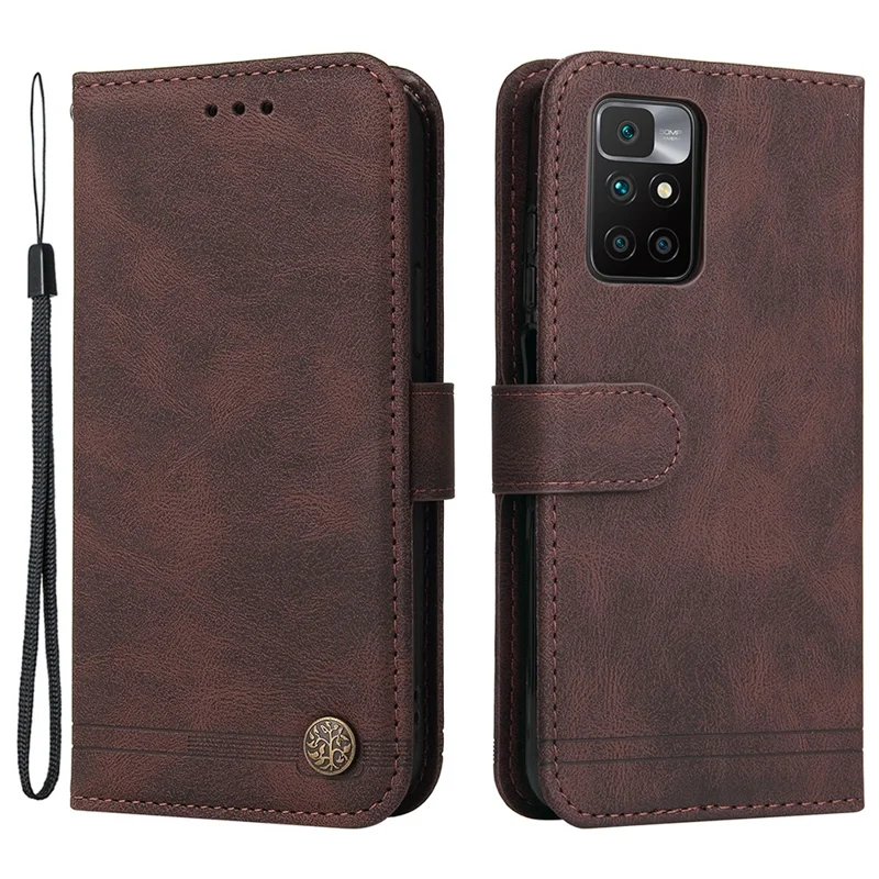 For Xiaomi Redmi Note 11 4G (Mediatek) / 10 4G (2021) / 10 2022 4G / Leather Wallet Cases Skin Touch Phone Cover Stand with Strap - Brown