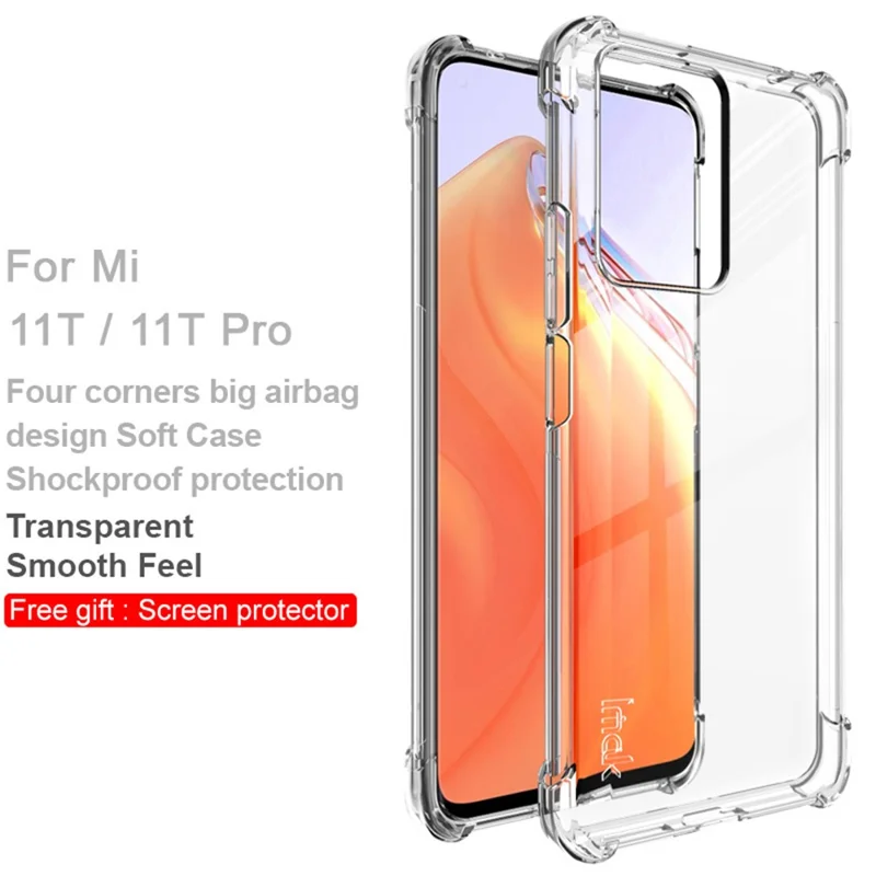 IMAK Four-Corner Airbag Shock-Absorbing Soft TPU Phone Case with Screen Protector for Xiaomi 11T / 11T Pro - Transparent
