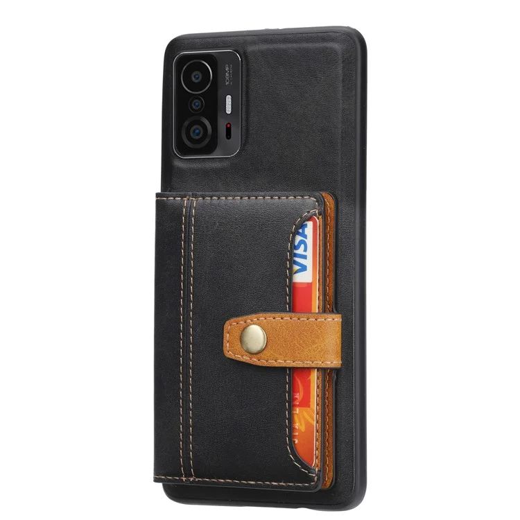 Kickstand Design PU Leather Coated TPU Case Cell Phone Cover with Card Slots for Xiaomi 11T/11T Pro - Black