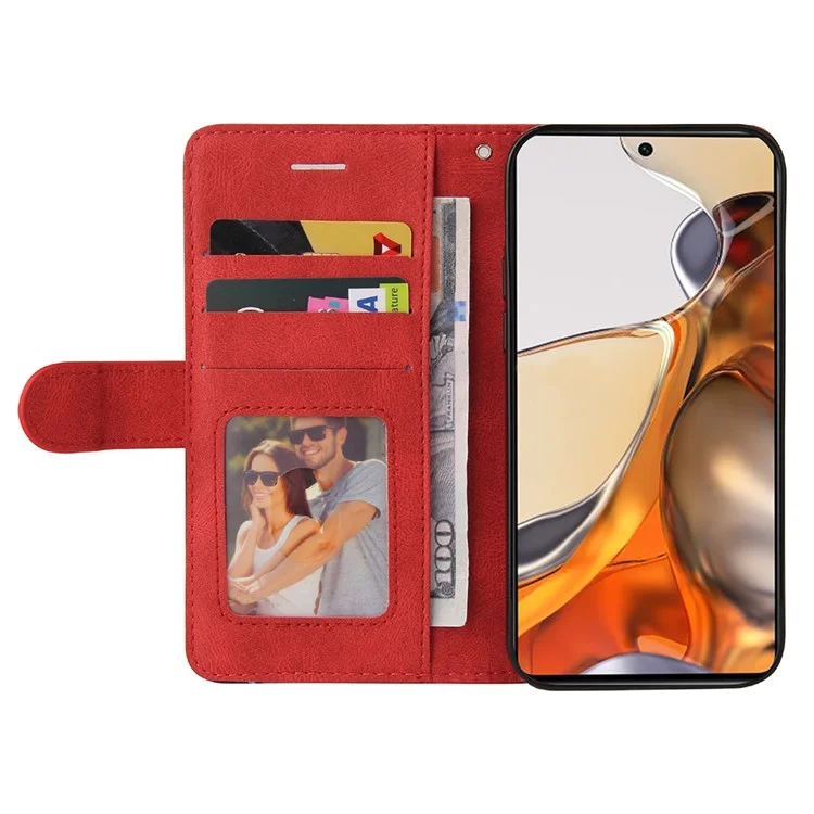 Para Xiaomi 11T/11T Pro KT Leather Series-1 Dual-Color Splicing Well-Protected Anti-Scratch Wrist Strap PU Leather Wallet Design Phone Case with Stand - Vermelho