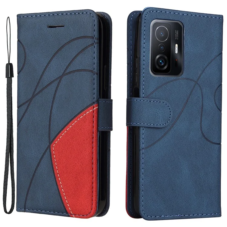 Pour Xiaomi 11T/11T Pro KT Leather Series-1 Dual-Color Splicing Well-Protected Anti-Scratch Wrist Strap PU Leather Wallet Design Phone Case with Stand - Bleu