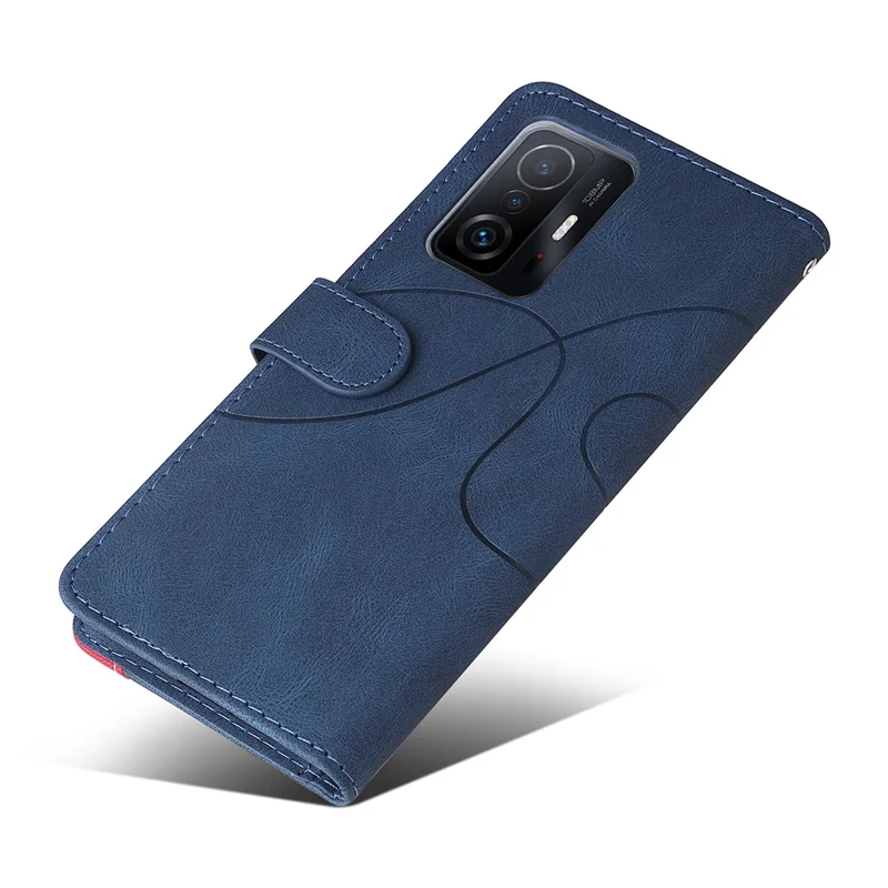 Pour Xiaomi 11T/11T Pro KT Leather Series-1 Dual-Color Splicing Well-Protected Anti-Scratch Wrist Strap PU Leather Wallet Design Phone Case with Stand - Bleu