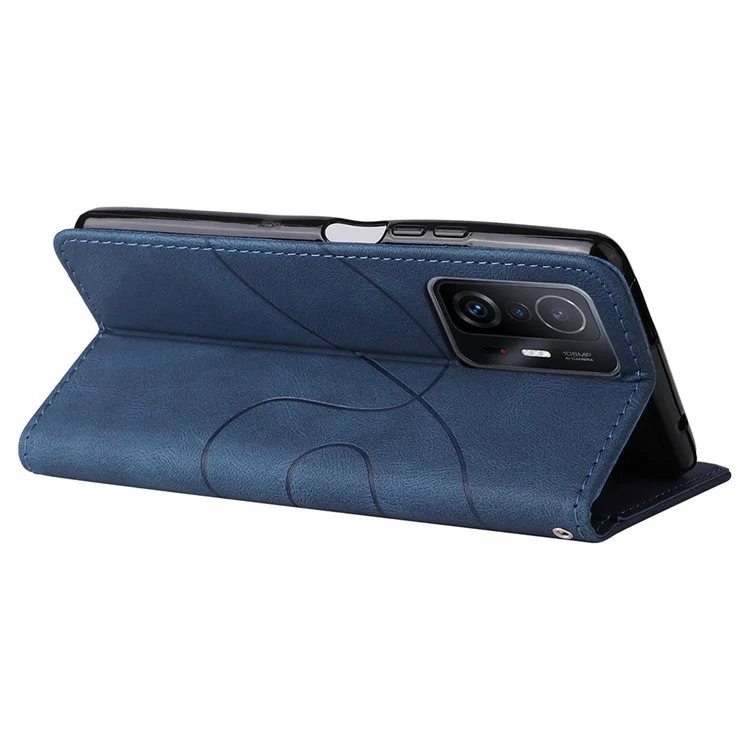 Pour Xiaomi 11T/11T Pro KT Leather Series-1 Dual-Color Splicing Well-Protected Anti-Scratch Wrist Strap PU Leather Wallet Design Phone Case with Stand - Bleu