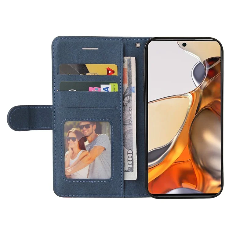 Pour Xiaomi 11T/11T Pro KT Leather Series-1 Dual-Color Splicing Well-Protected Anti-Scratch Wrist Strap PU Leather Wallet Design Phone Case with Stand - Bleu