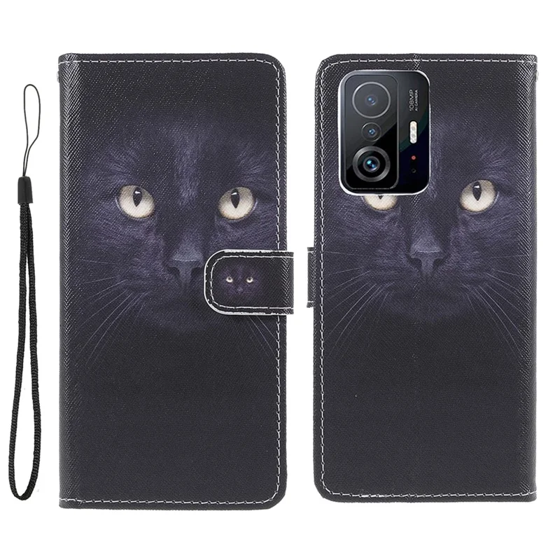 Caso di portafoglio con cinturino Cross Texture 3D Pattern Printing PU Leather Stand Flip Magnetic per Xiaomi 11T / 11T Pro - Cat Eyes