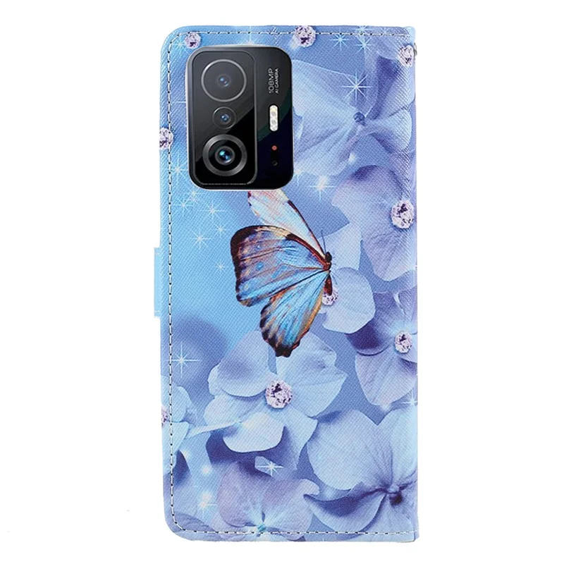 Capa de Carteira de Couro PU com Textura Cruzada 3D Impressa com Proteção Magnética e Alça para Xiaomi 11T / 11T Pro - Borboleta e Flor