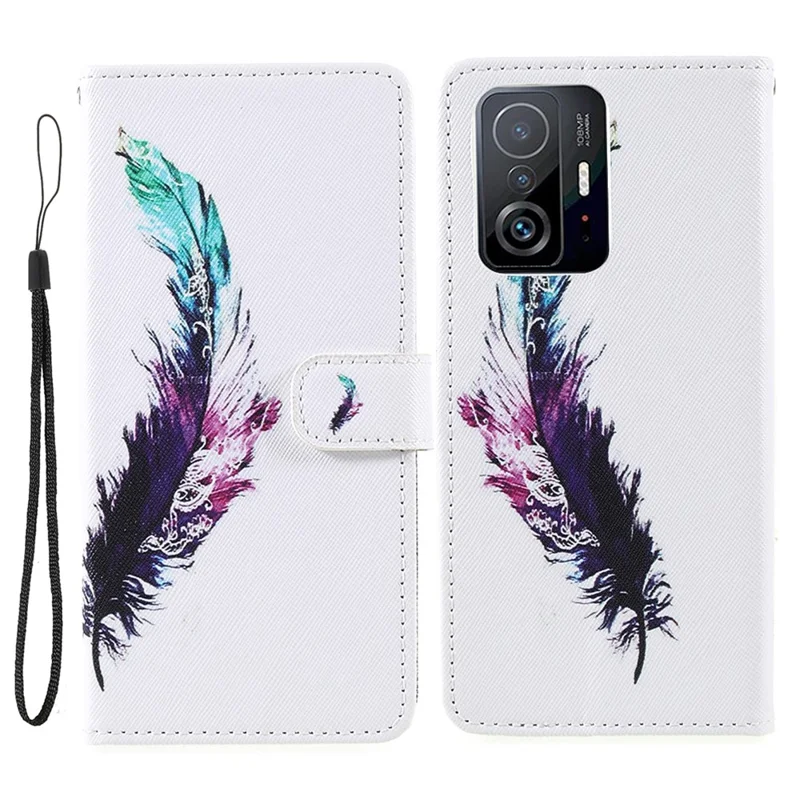 Cross Texture 3D Pattern Printing PU Leather Stand Flip Magnetic Folio Wallet Case with Strap for Xiaomi 11T / 11T Pro - Feather