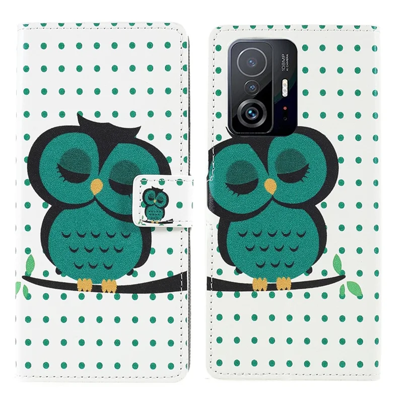 Pattern Printing Premium PU Leather Wallet Folio Flip Stand Protective Case for Xiaomi 11T / 11T Pro - Green Owl