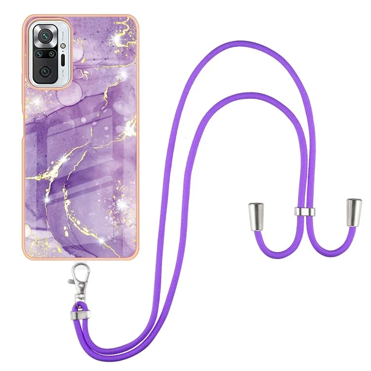 IML IMD Marble Pattern Scratch-Resistant Electroplating Frame Flexible TPU Phone Cover Case with Adjustable Lanyard for Xiaomi Redmi Note 10 Pro 4G (Global)/Note 10 Pro 4G (India)/Note 10 Pro Max - Purple 002